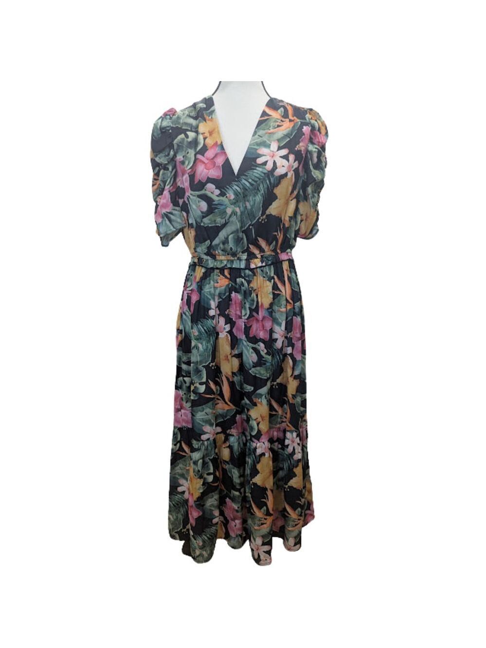 Next Floral Midi Dress 6 Tropical Puff Sleeve Wedding Guest V Neck Summer NWT